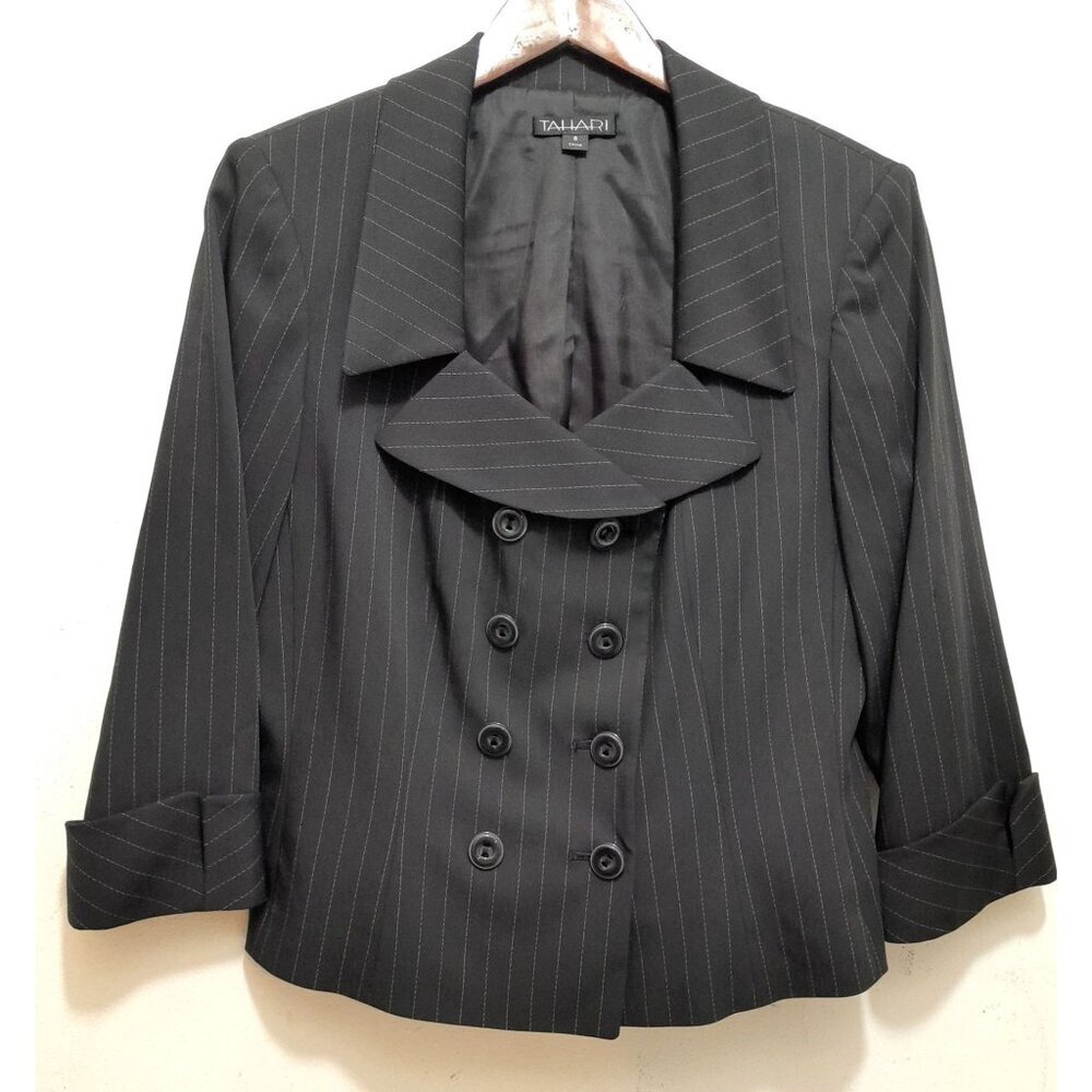 Tahari Womens Double-Breasted Wool Blend Pinstriped Preppy Size 8 Career Blazer